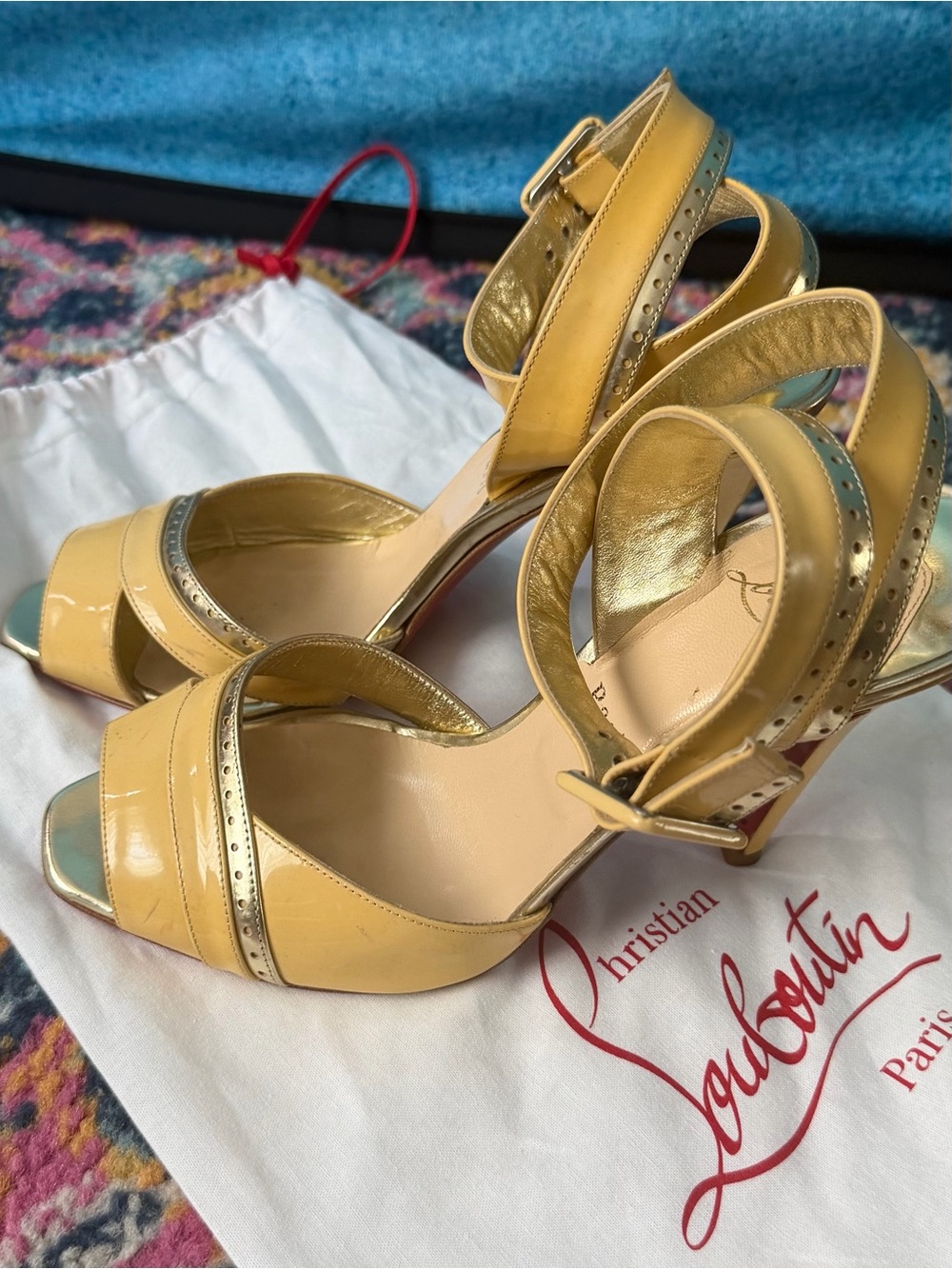 Christian Louboutin Yellow Patent Leather Ankle-Strap Heels with Gold Accents